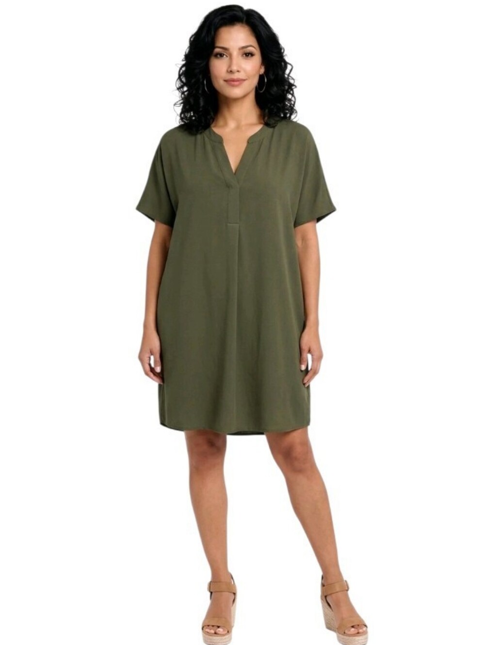 H&M Olive Green Short Sleeve V-Neck Viscose Tunic Dress Size XL